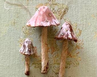 BLUSH PINK Silk Velvet Mushroom Ornament Set of 3 - Made to Order Woodland Toadstool Holiday Decorations - Handmade Fairy Mushrooms