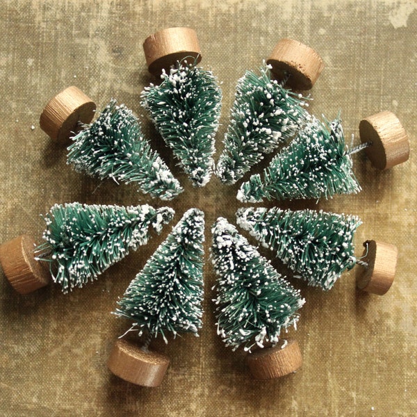 8 Green Bottle Brush Trees - 1-1/2 inch Vintage Style Bottlebrush Christmas Trees -  Set of 8 Miniature Evergreen  Trees