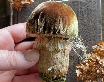 Made to Order Golden Brown Silk Velvet Mushroom Ornament Autumn Woods Toadstool Decorations - Mushroom Fairy Garden Cloche Display