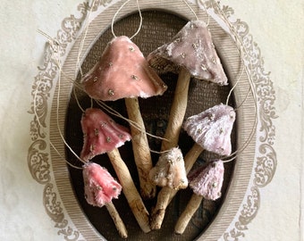 BLUSH PINK Silk Velvet Mushroom Collection - Made To Order Set of 7 Woodland Velvet Toadstool Decorations - Handmade Fairy Mushrooms
