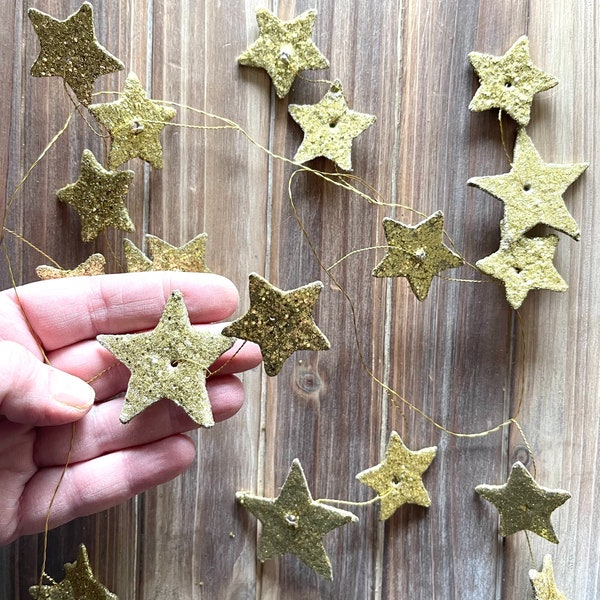 Large Gold Glitter Star Garland - 6 Feet Holiday Decorating Garland - Tiny Wired Golden Stars Glittery Christmas Garland