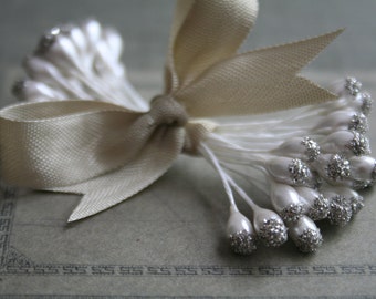 Silver German Glass Glittered Pearl Millinery Stamens