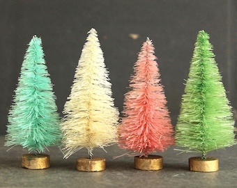 Pastel Bottle Brush Christmas Trees – Retro Holiday Village, Set of 4