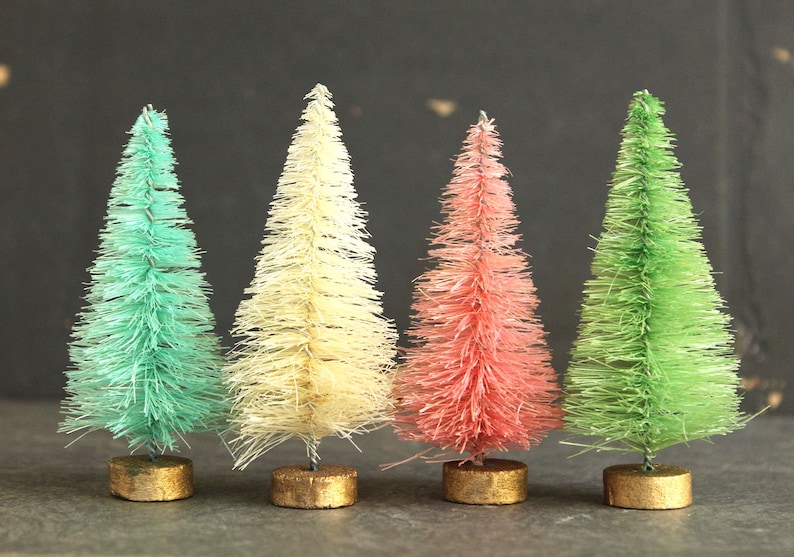 Retro Christmas Pastel Bottle Brush Trees 3 Inch Vintage Style Pink Mint Aqua Cream Holiday Putz Village Decorations Doll House Trees image 1