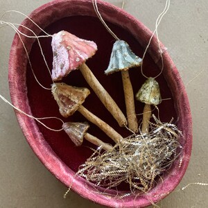 Silk Velvet Mushroom Ornament Set of 5 - Woodland Velvet Toadstool Holiday Decorations - Handmade Fairy Mushrooms Cloche Terrarium Display