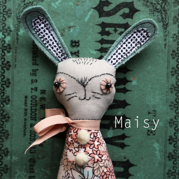 Maisy the Stuffed Spring Bunny - OOAK Collectible Tiny Easter Bunnie - Handmade Stuffed Animal Plushie - Vintage Fabric Embroidered Bunny