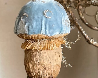 Aqua Blue Velvet Mushroom Ornament - Made to Order Fairyland Toadstool Decorations - Handmade Glittered Mushroom Cloche Display