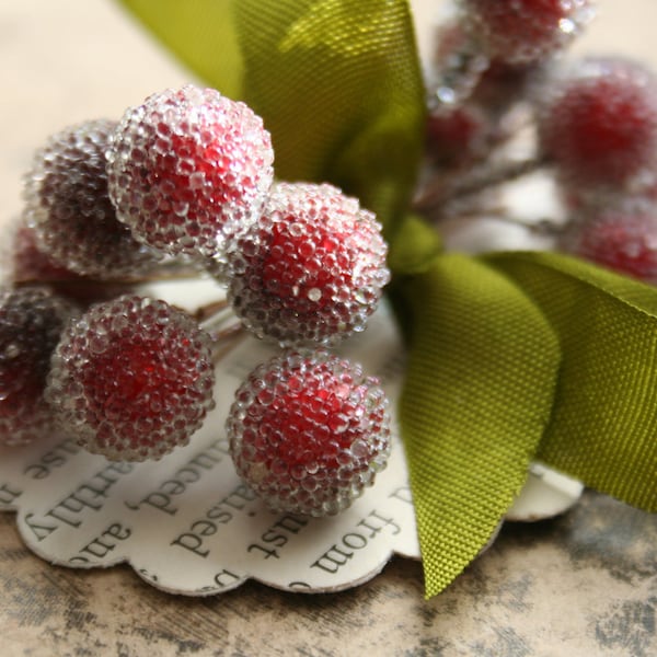 Red Frosted Stamen Balls - Cranberry Holiday Headband Crown - Christmas Collage Decoration - Sugar Stamen Berry Millinery Wedding Supplies