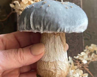 Blue Fairyland Velvet Mushroom Ornament - Made to Order Woodland Toadstool Decorations - Handmade Glittered Mushroom Cloche Display