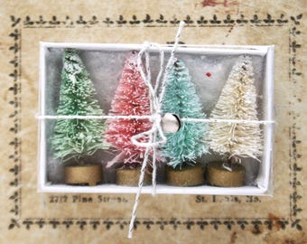 Mini Trees Pink Aqua Set of 4 Mini Bottle Brush Trees - Ice Cream Pastels - Tiny 1-1/2 Inch Christmas Bottle Brush Tree - Miniatures