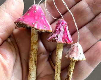 BRIGHT PINK Silk Velvet Mushroom Ornament Set of 3 - Made to Order Woodland Toadstool Holiday Decorations - Handmade Fairy Mushrooms