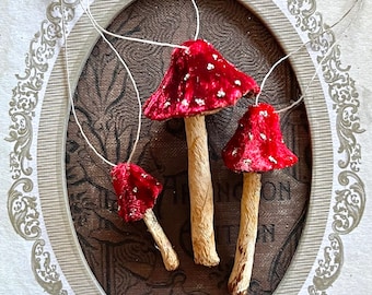 Red Silk Velvet Mushroom Ornaments Set of 3 Made to Order Woodland Velvet Toadstool Decorations