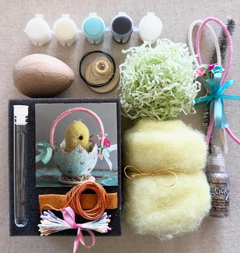 Needle Felted Chick and Egg Basket Class and Kit Tutorial Step by Step Online Mixed Media Course plus Materials Needle Felting Kit image 2