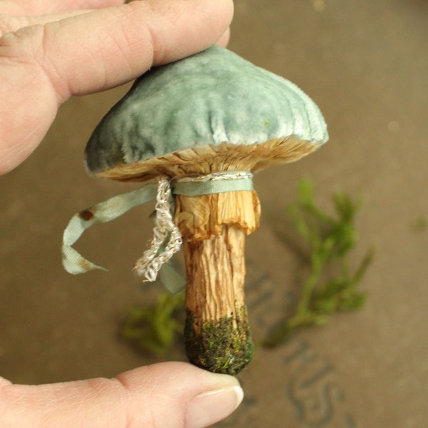 AQUA BLUE Silk Velvet Mushroom Ornament - Woodland Toadstool Holiday Decorations - Handmade Glittered Mushroom Fairy Garden Cloche Display