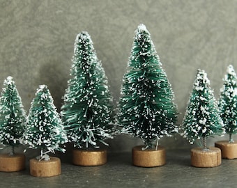 Tiny Set Bottle Brush Trees - Set of 6 Miniature Frosted Evergreen Sisal Trees - Vintage Style Christmas Trees