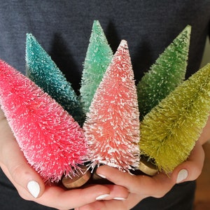 Frosted Rainbow Bottle Brush Spring Trees Tall 6 Inch - Vintage Style Retro Easter Village Dyed Sisal Trees - Holiday Dollhouse Trees