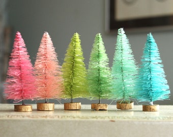 Dyed Bottle Brush Trees - 6 Pastel Gumdrop 3 Inch Vintage Style Bottle Brush Christmas Trees - Miniature Display - 6 Dollhouse Sisal Trees