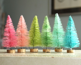 Dyed Bottle Brush Trees - 6 Pastel Gumdrop 3 Inch Vintage Style Bottle Brush Christmas Trees - Miniature Display - 6 Dollhouse Sisal Trees