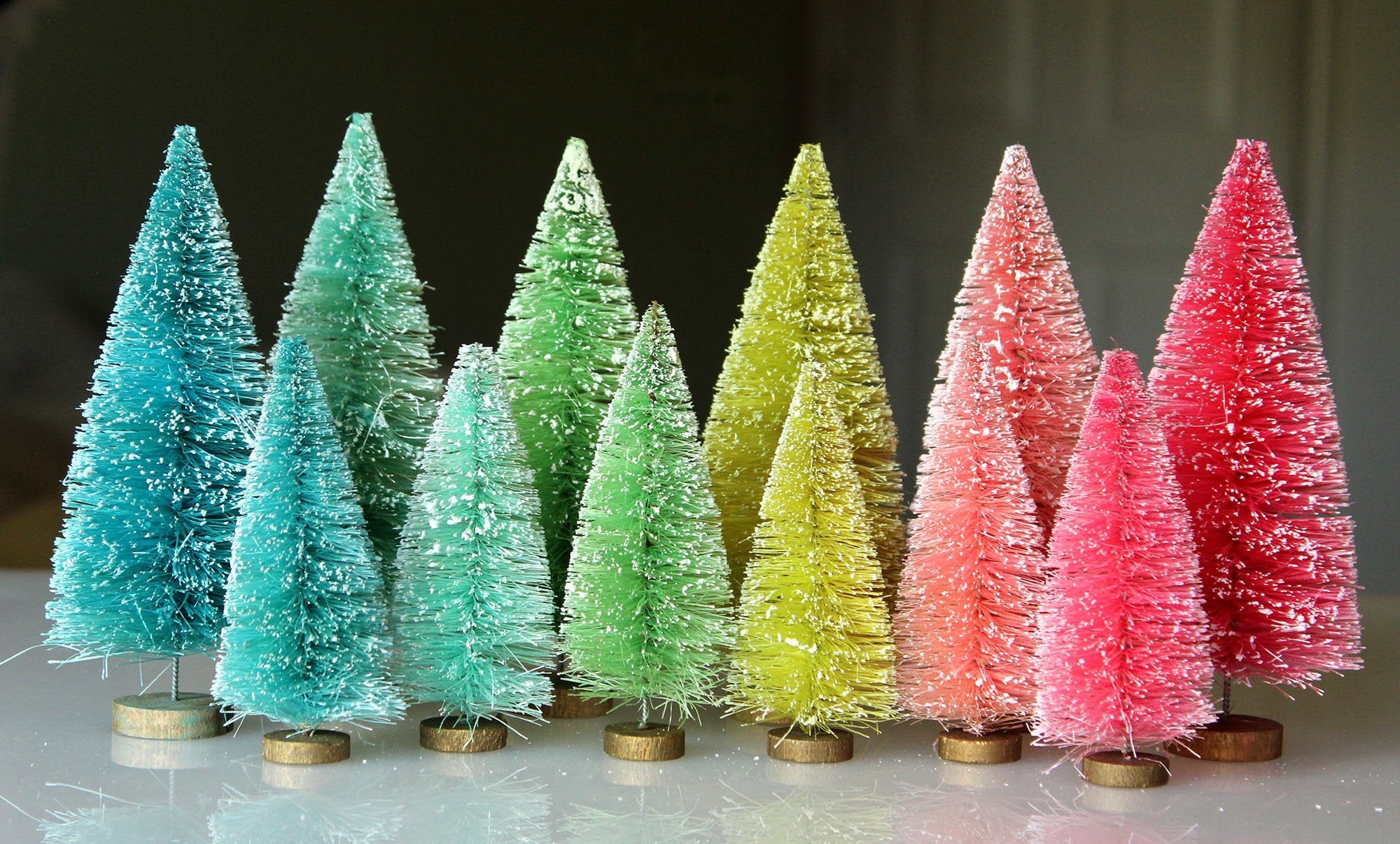 Pastel Bottle Brush Trees Set of 6 Gumdrop Tiny Trees 1-1/2 Inches Tall  Miniature Blythe Dollhoue Trees Retro Christmas Holiday 