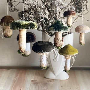 Autumn Woods Silk Velvet Mushroom Ornament Collection Set of 8 Made To Order Toadstool Decorations