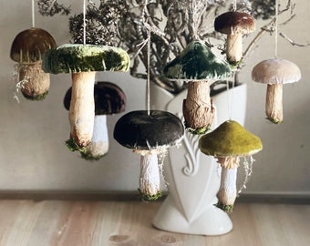 Autumn Woods Silk Velvet Mushroom Ornament Collection Set of 8 Made To Order Toadstool Decorations