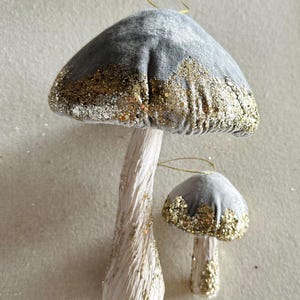Giant Silver Blue Velvet Mushroom Ornament Set of 2 Woodland Toadstool Glitter Decorations for Trees and Wreaths