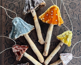 Silk Velvet Mushroom Rainbow - Set of 7 Woodland Velvet Toadstool Decorations - Made to Order Handmade Fairy Mushrooms Terrarium Display