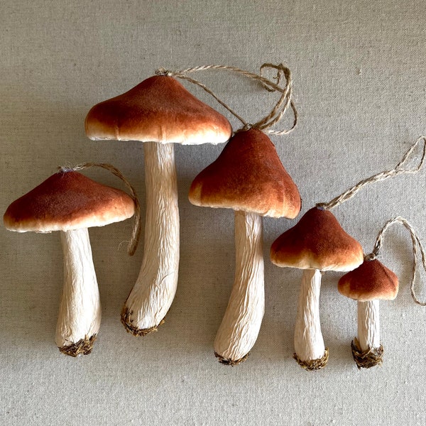 Brown Velvet Mushroom Ornaments 6 Sizes Woodland Toadstool Decorations for Trees and Wreaths Holiday Display