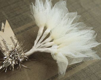 Cream Tulle Millinery Sprays -  Wired Off White Tulle Stems  - Wedding Corsage Prom Boutonniere Supply - Hat Headband Crown Making Supplies