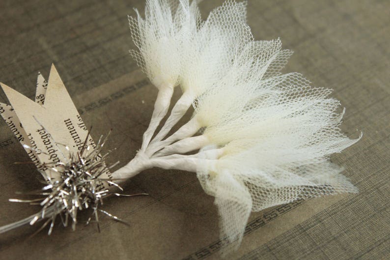 Cream Tulle Millinery Sprays -  Wired Off White Tulle Stems  - Wedding Corsage Prom Boutonniere Supply - Hat Headband Crown Making Supplies 