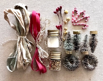 Tiny Tree Trimming Kit with Vintage and Hand Dyed Trims - Miniature Dyed Bottle Brush Trees and Wreaths