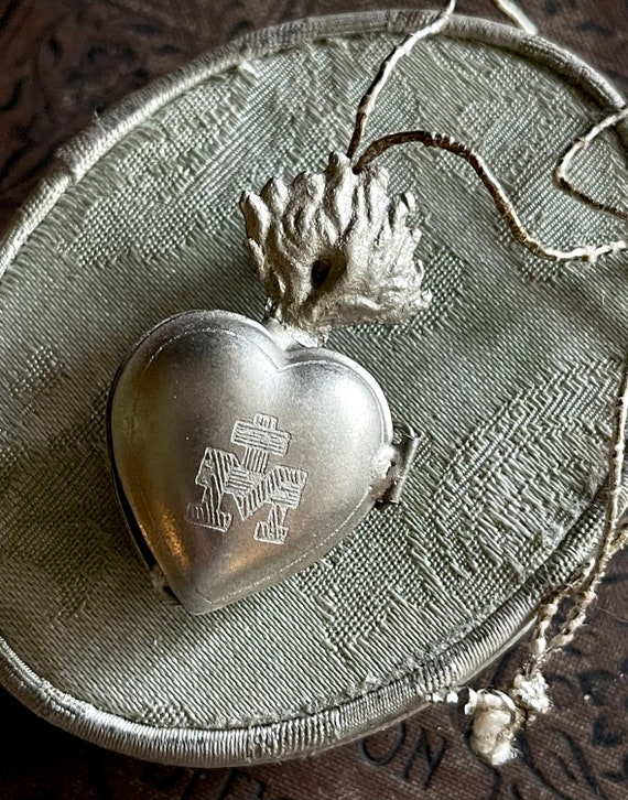 Silver Sacred Heart Locket Miniature Flaming Cross Heart Token