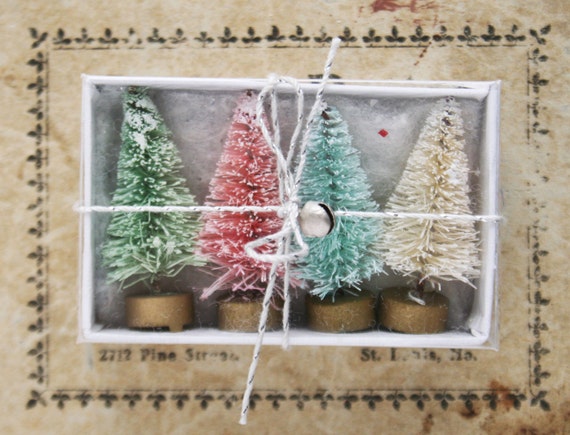 Mini Trees Pink Aqua Set of 4 Mini Bottle Brush Trees Ice Cream Pastels Tiny  1-1/2 Inch Christmas Bottle Brush Tree Miniatures 