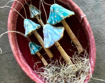 Silk Velvet Mushroom Ornaments - Made to Order Woodland Velvet Toadstool Decorations - Handmade Fairy Mushrooms Cloche Terrarium Display