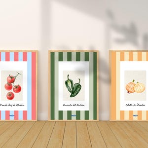Set of 3 Spanish Vegetable Wall Art Prints, Watercolor Kitchen Decor, Tomato, Onion & Pepper Posters, Digital Download, Printable Food Art