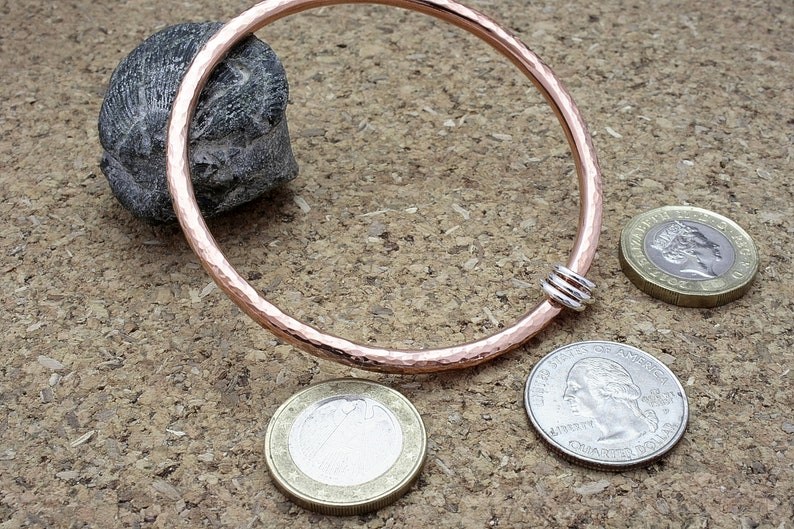 Handmade classic 4mm copper bangle with silver rings, sturdy hammered copper bangle bracelet, solid copper jewellery, anniversary, 2.58 image 4