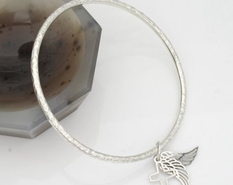 XS hammered silver charm bangle with cross and wings |  2.2"