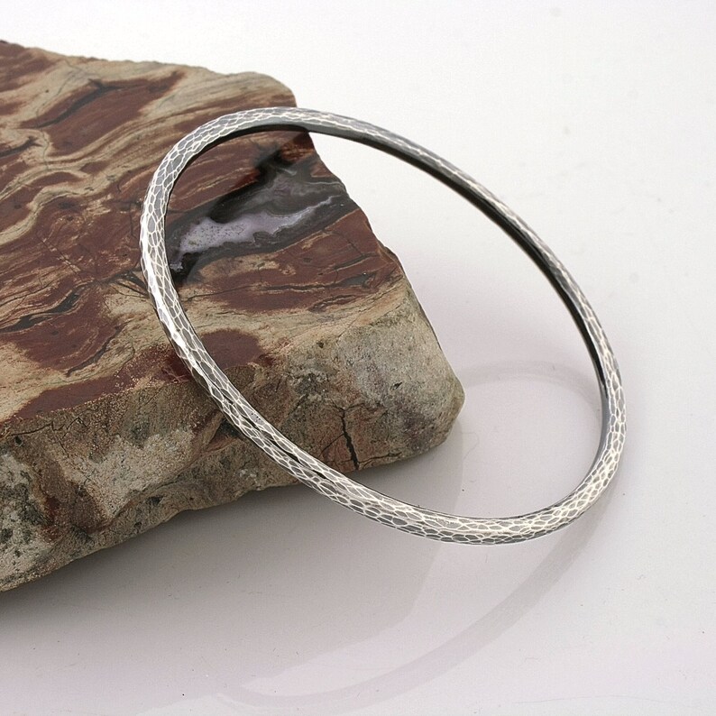 Handcrafted Hammered Blackened 935 Silver Bangle 3 mm 6.15 cm image 1