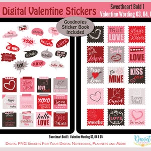 May include: Digital Valentine stickers with a variety of designs, including hearts, flowers, and text. The stickers are in red, pink, black, and white. The text on the stickers includes phrases like "Be Mine", "True Love", "Hugs and Kisses", and "Love Note".