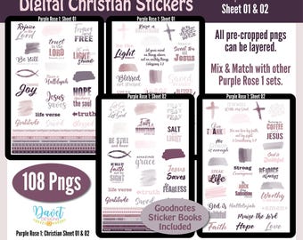 Digital Christian Purple Rose Blatt / Bibel Verse Sprüche / Goodnotes Datei / Aufkleber Digitaler Planer / PNG / PR1 - Blätter 01 & 02