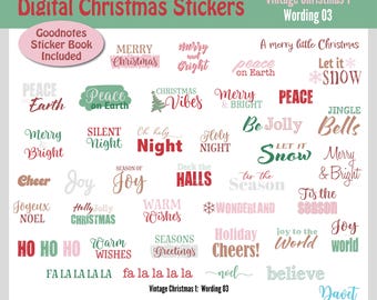 Op de afbeelding: Digitale kerststickers met feestelijke zinnen in rood, groen en bruin. Zinnen zijn onder meer "Vrolijk Kerstfeest", "Vrede op aarde" en "Vreugde". Ontworpen voor digitale notebooks en planners.