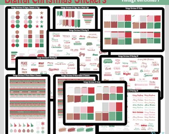 Op de afbeelding: Digitale kerststickers in verschillende ontwerpen. De afbeelding toont verschillende digitale stickersetjes met vormen, vlaggen, washi tape, tekst en plaknotities. De kleuren zijn rood, groen en wit. De tekst bevat "Digital Christmas Stickers" en "Vintage Christmas 1".