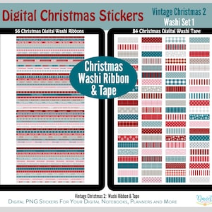 Digital Washi Ribbon & Washi Tape Vintage Christmas Stickers Goodnotes Stickers Digital Planner Stickers PNG Set VC02 - Washi Set 1