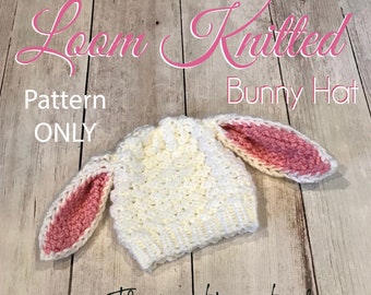 Bunny Rabbit with Long Ears Loom Knitted Hat Digital Pattern and video tutorial