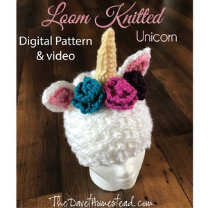 Unicorn Loom Knitted Hat with Flowers Roses Digital Pattern and video tutorial image 1