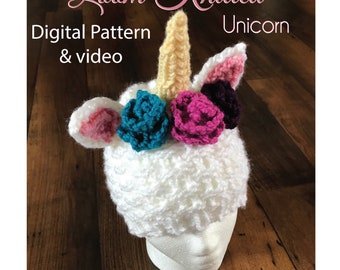 Unicorn Loom Knitted Hat with Flowers Roses Digital Pattern and video tutorial