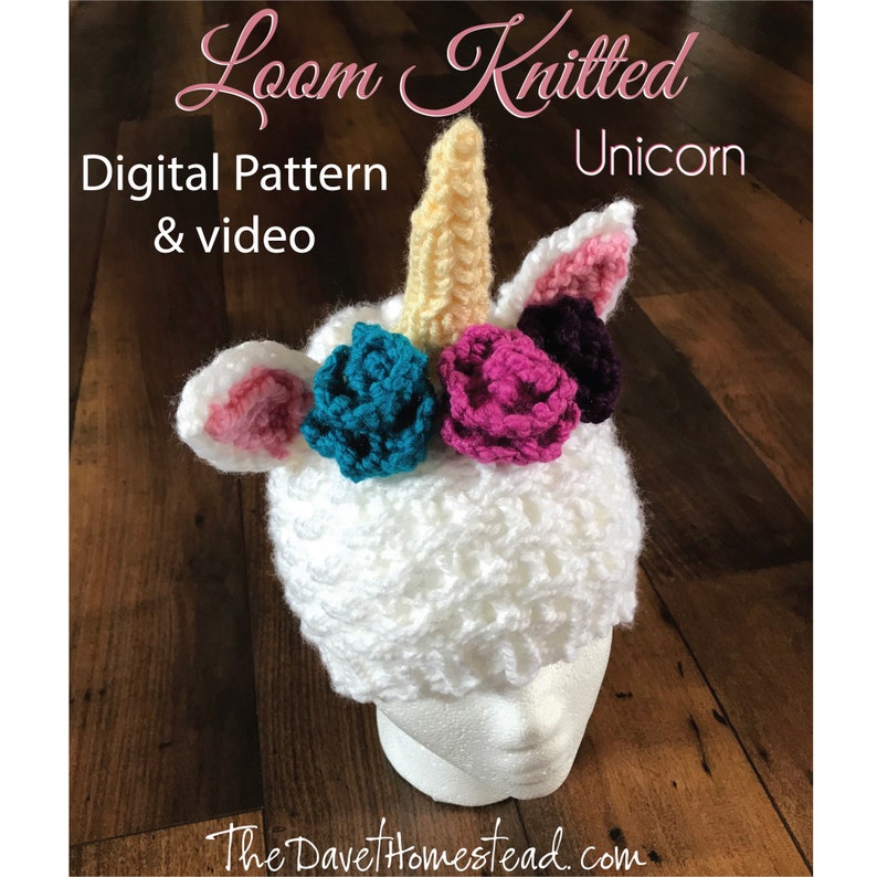 Unicorn Loom Knitted Hat with Flowers Roses Digital Pattern and video tutorial image 1