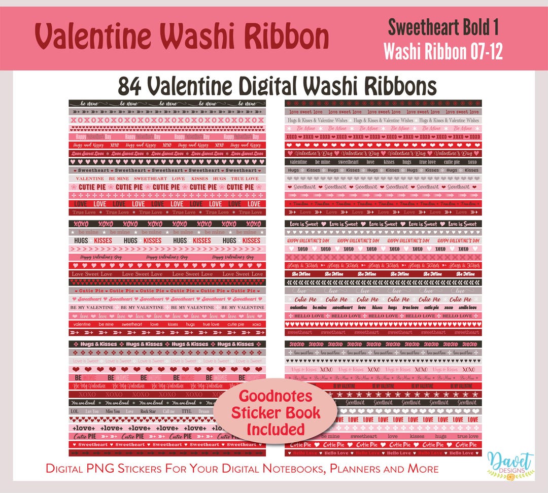 84 Digital Valentine Washi Tape Ribbon Stickers Love Sayings Goodnotes ...