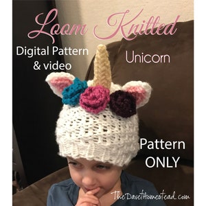 Unicorn Loom Knitted Hat with Flowers Roses Digital Pattern and video tutorial image 2