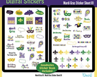 Digitale Mardi Gras Planner Stickers, Goodnotes Datei, Planner Stickers Cropped PNG, Mardi Gras 01 - Mardi Gras Sticker Sheet 01